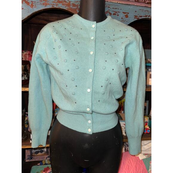VINTAGE LAMPL AQUA BLUE STUDDED CARDIGAN SWEATER S - Picture 1 of 9